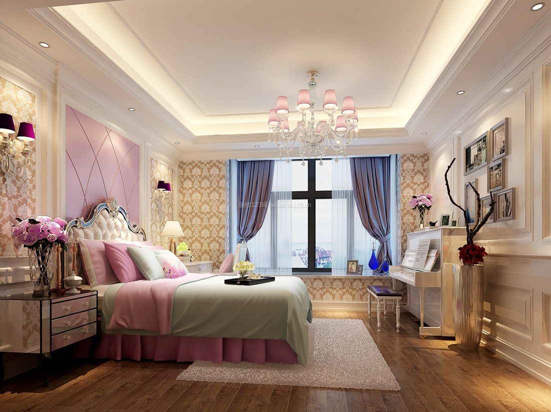 最新歐式女生臥室床頭背景墻裝修效果圖片_裝修123效果圖